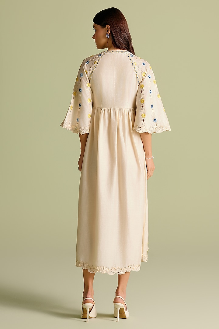 Ivory Chanderi Thread & Cutwork Midi Cocktail Dress by Chandrima at Pernia's Pop Up Shop