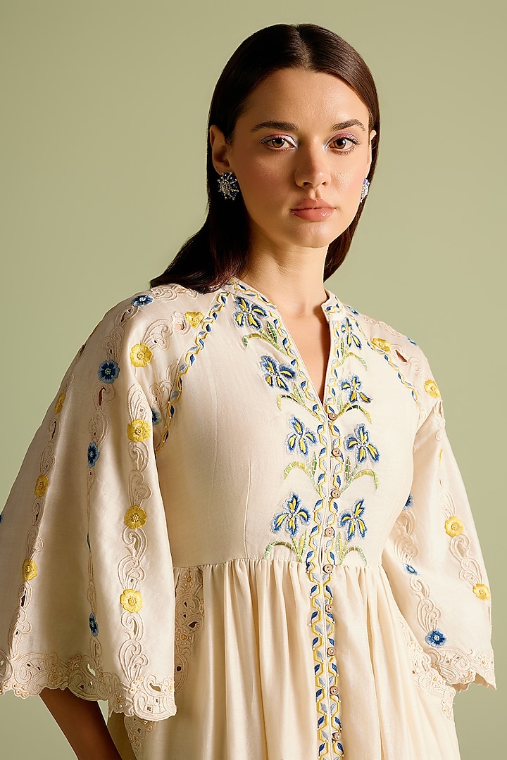 Ivory Chanderi Thread & Cutwork Midi Cocktail Dress by Chandrima at Pernia's Pop Up Shop