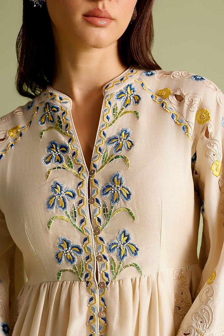 Ivory Chanderi Thread & Cutwork Midi Cocktail Dress by Chandrima at Pernia's Pop Up Shop