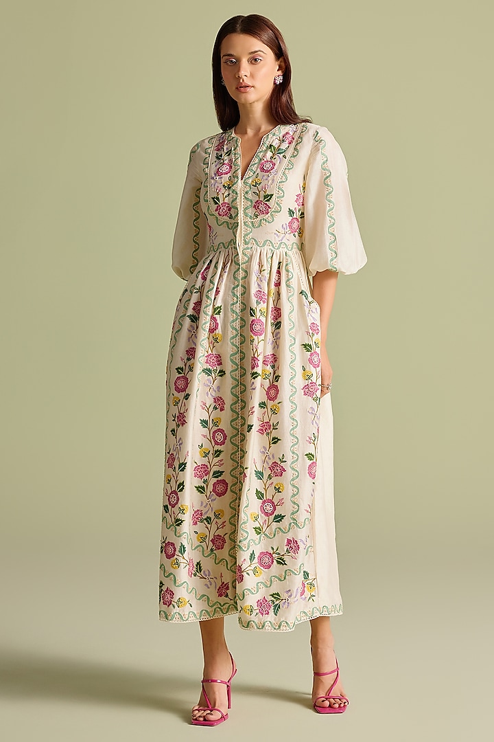 Ivory Chanderi Thread & Bead Work Midi Cocktail Dress by Chandrima at Pernia's Pop Up Shop