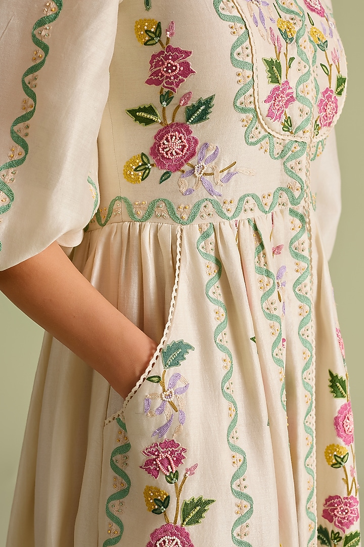 Ivory Chanderi Thread & Bead Work Midi Cocktail Dress by Chandrima at Pernia's Pop Up Shop
