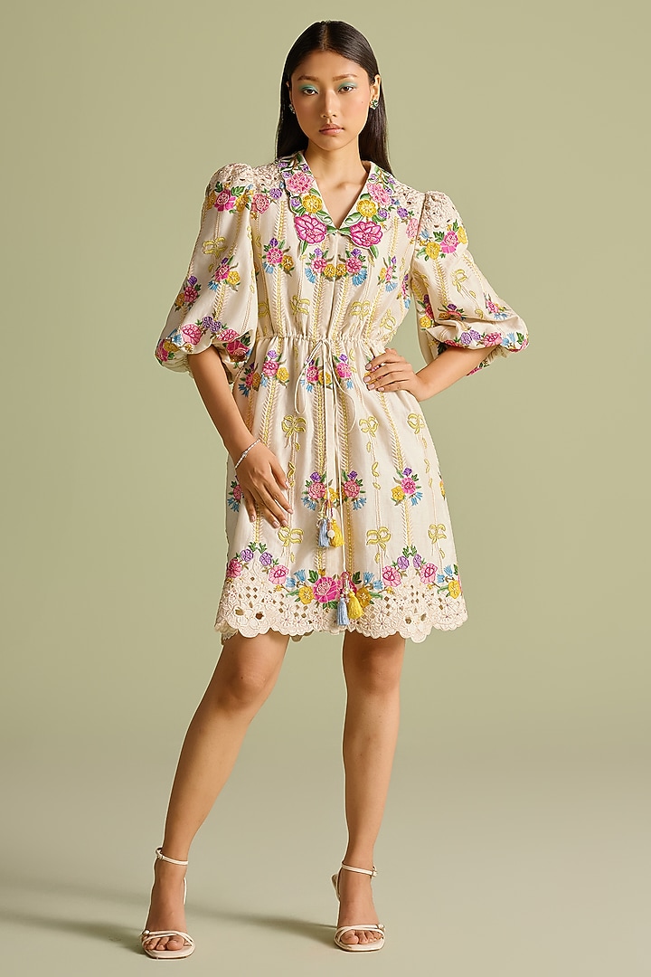 Ivory Chanderi Floral Thread Work Mini Cocktail Shirt Dress by Chandrima at Pernia's Pop Up Shop