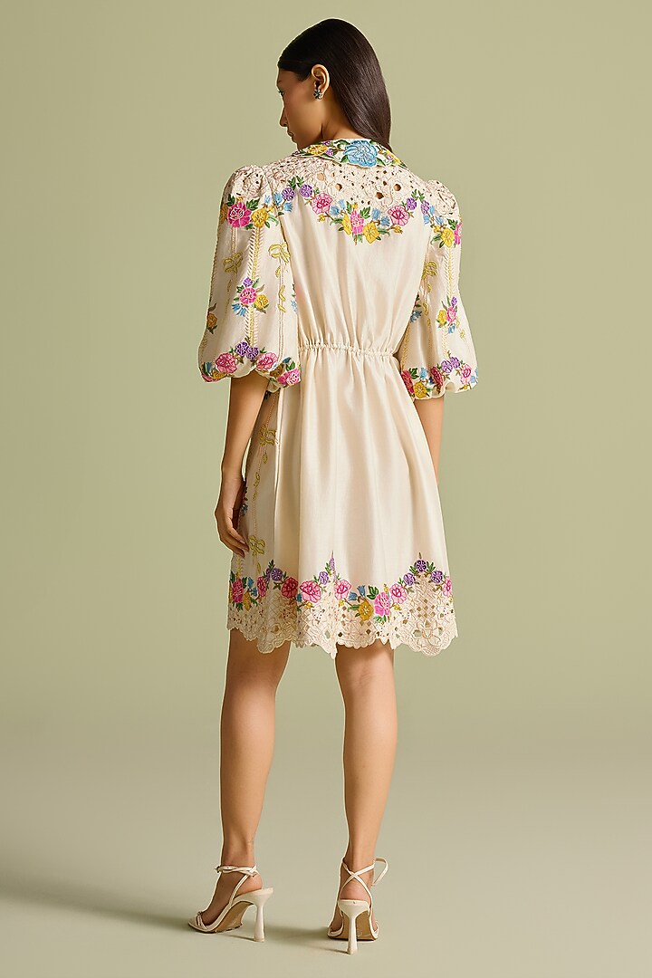 Ivory Chanderi Floral Thread Work Mini Cocktail Shirt Dress by Chandrima at Pernia's Pop Up Shop