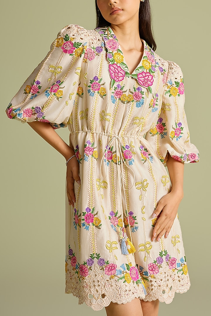 Ivory Chanderi Floral Thread Work Mini Cocktail Shirt Dress by Chandrima at Pernia's Pop Up Shop