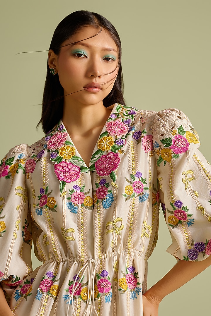 Ivory Chanderi Floral Thread Work Mini Cocktail Shirt Dress by Chandrima at Pernia's Pop Up Shop