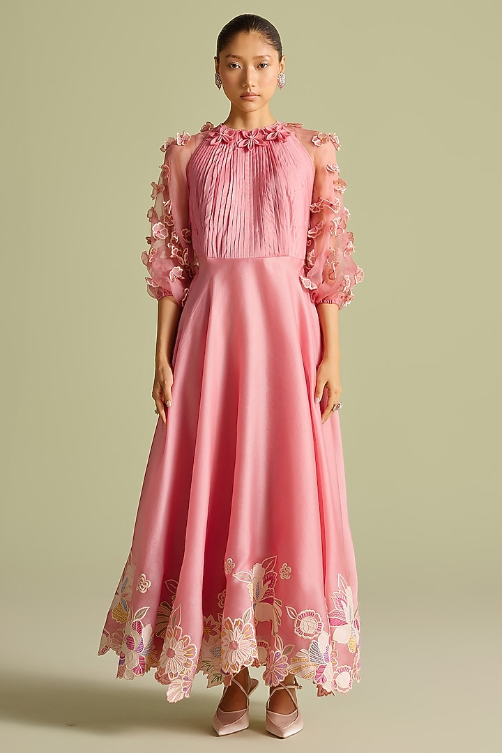 Pink Silk Organza 3D Floral Applique Flounce Cocktail Dress by Chandrima at Pernia's Pop Up Shop