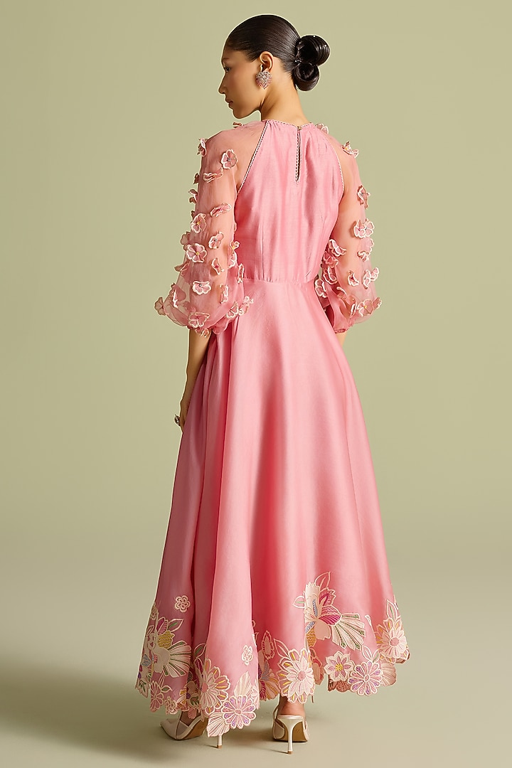Pink Silk Organza 3D Floral Applique Flounce Cocktail Dress by Chandrima at Pernia's Pop Up Shop