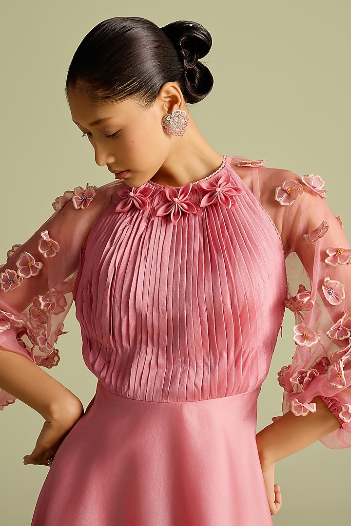 Pink Silk Organza 3D Floral Applique Flounce Cocktail Dress by Chandrima at Pernia's Pop Up Shop