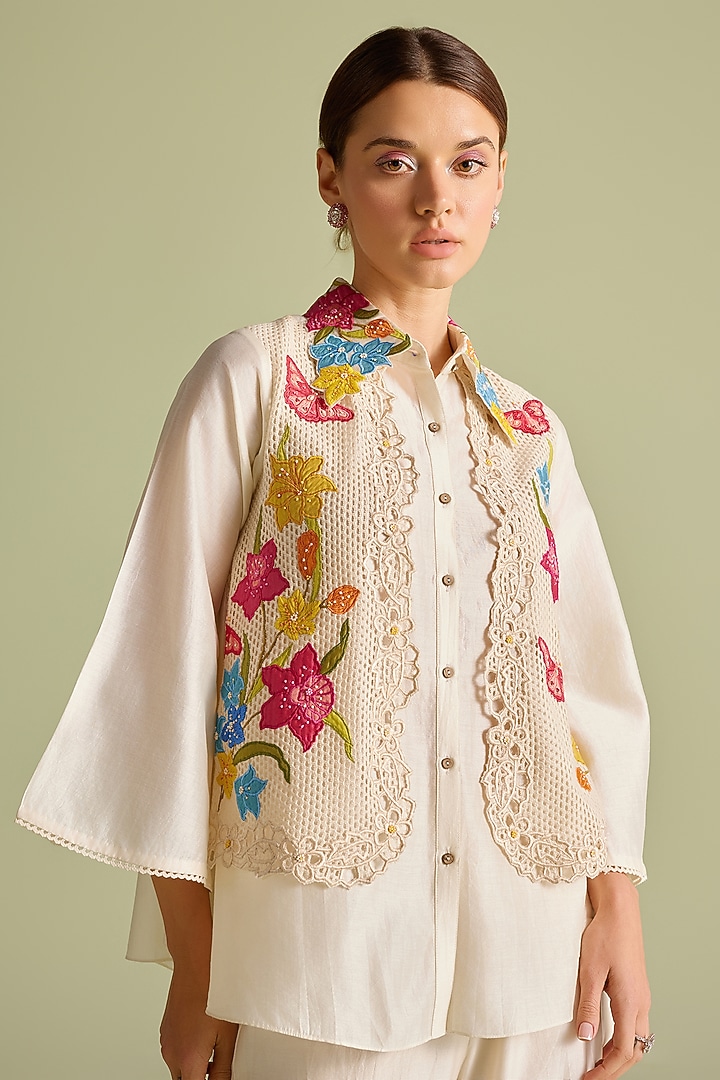 Ivory Chanderi Floral Applique & Cutwork Layered Shirt by Chandrima at Pernia's Pop Up Shop