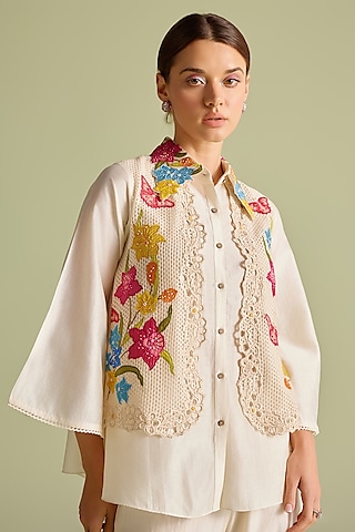 Ivory Chanderi Floral Applique & Cutwork Layered Shirt by Chandrima
