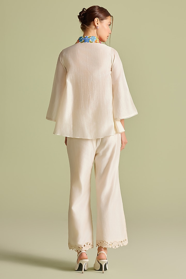 Ivory Chanderi Floral Applique & Cutwork Layered Shirt by Chandrima at Pernia's Pop Up Shop