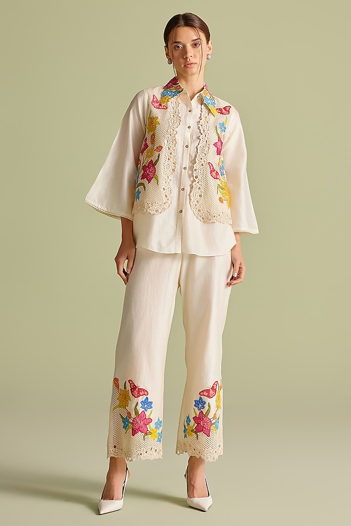 Ivory Chanderi Floral Applique & Cutwork Layered Shirt by Chandrima at Pernia's Pop Up Shop
