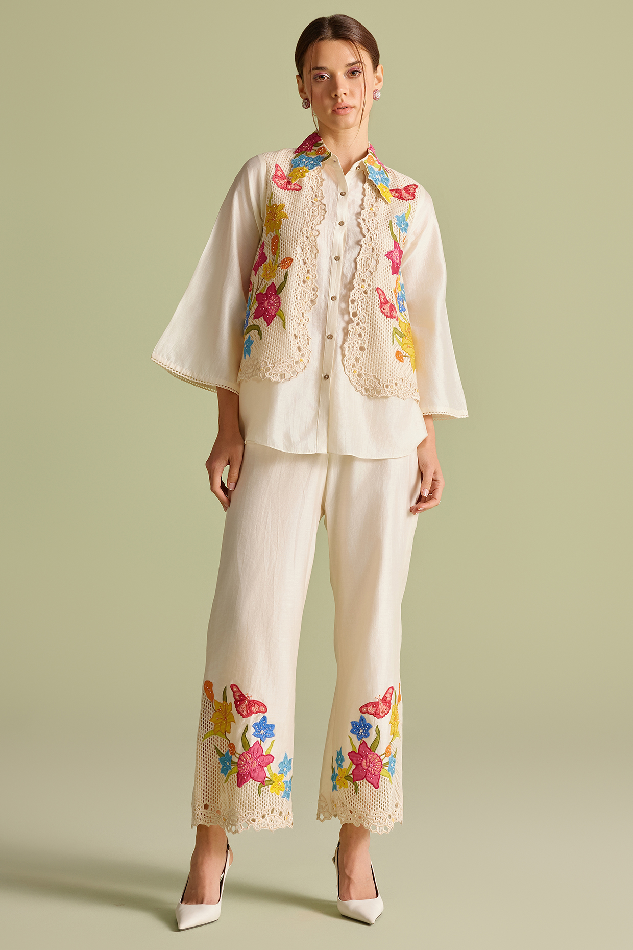 Ivory Chanderi Cutwork Pants by Chandrima at Pernia's Pop Up Shop