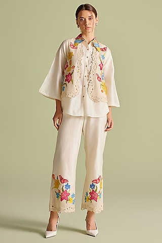 Ivory Chanderi Cutwork Pants by Chandrima