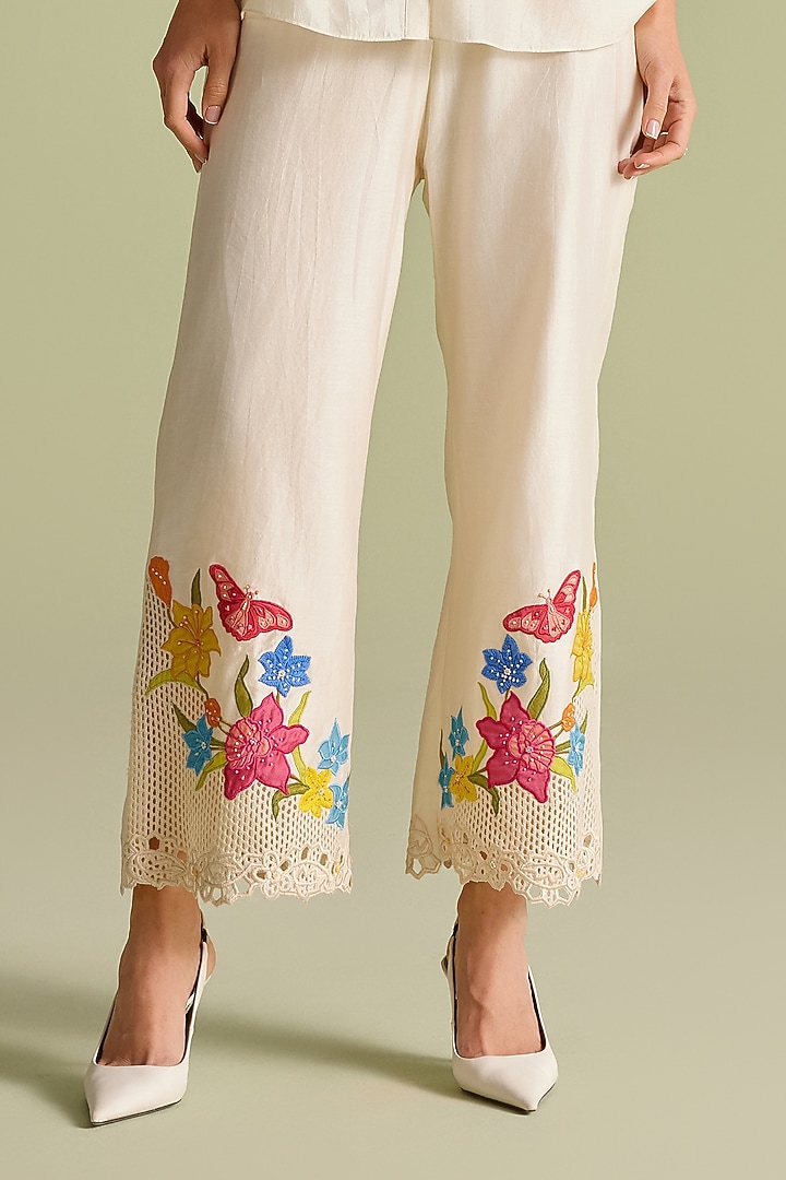 Ivory Chanderi Cutwork Pants by Chandrima at Pernia's Pop Up Shop