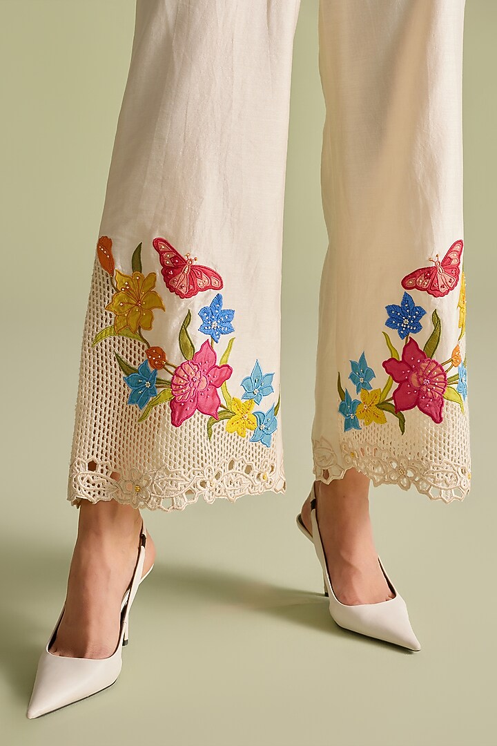 Ivory Chanderi Cutwork Pants by Chandrima at Pernia's Pop Up Shop