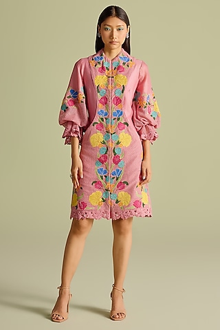 Pink Chanderi Cutwork Layered Mini Dress by Chandrima