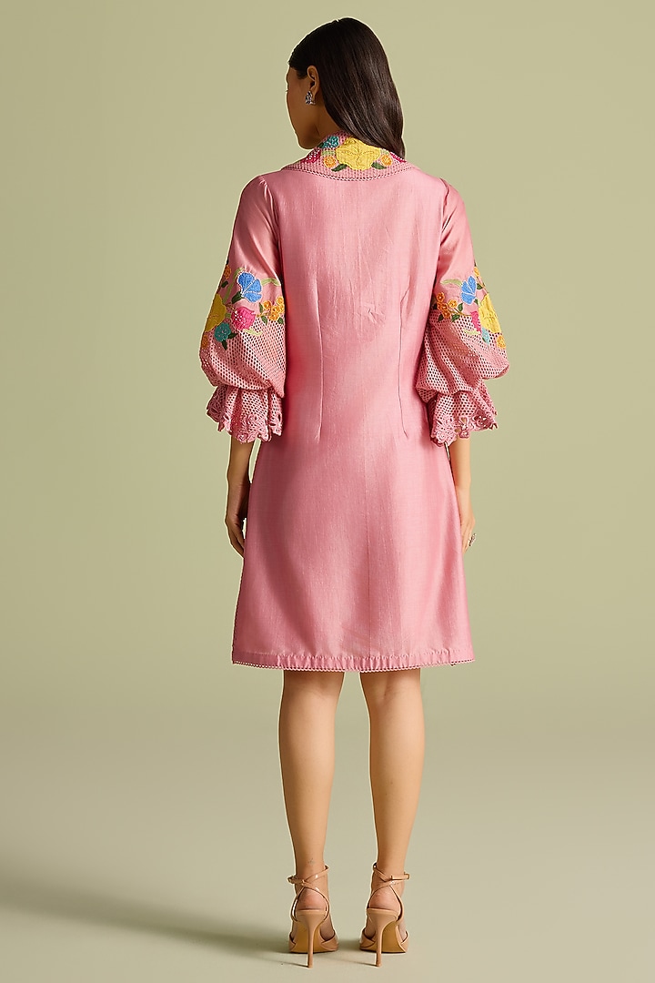 Pink Chanderi Cutwork Layered Mini Cocktail Dress by Chandrima at Pernia's Pop Up Shop