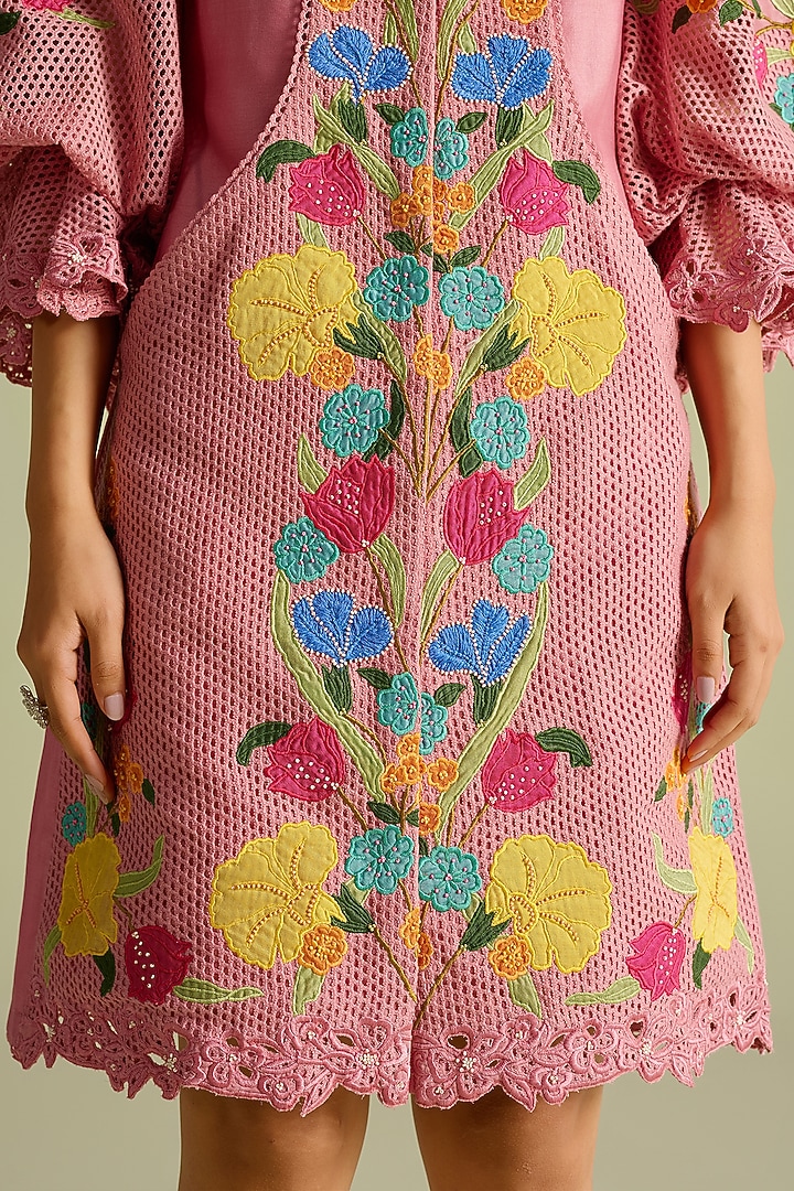 Pink Chanderi Cutwork Layered Mini Cocktail Dress by Chandrima at Pernia's Pop Up Shop