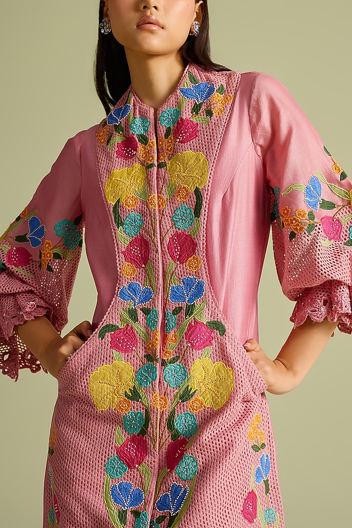 Pink Chanderi Cutwork Layered Mini Cocktail Dress by Chandrima at Pernia's Pop Up Shop