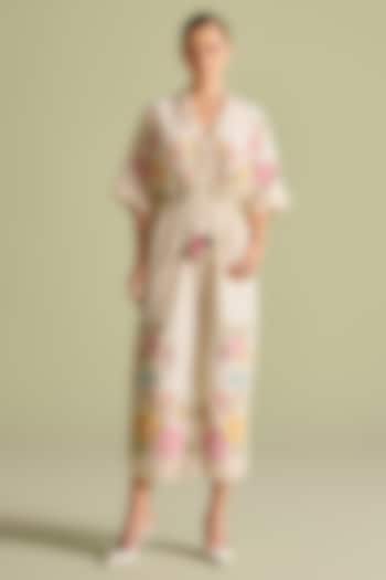 Ivory Chanderi Floral Mosaic & Cutwork Jumpsuit by Chandrima at Pernia's Pop Up Shop