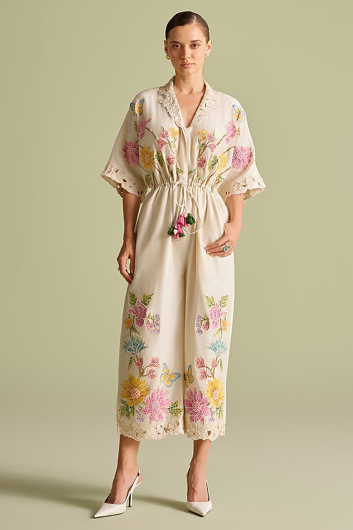 Ivory Chanderi Floral Mosaic & Cutwork Jumpsuit by Chandrima at Pernia's Pop Up Shop