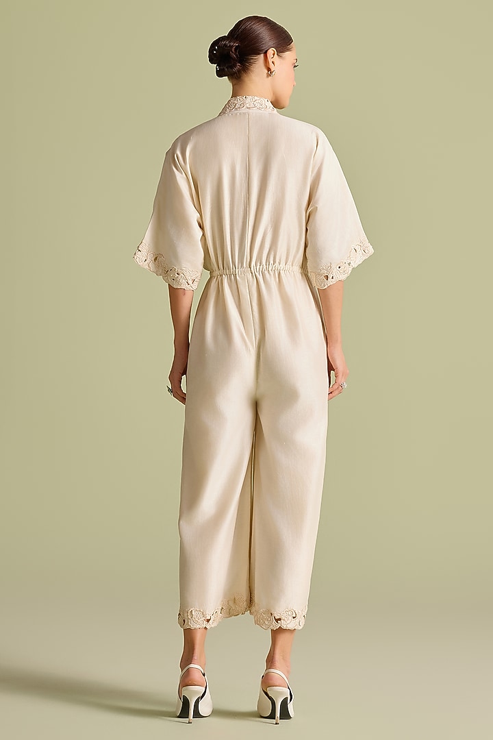 Ivory Chanderi Floral Mosaic & Cutwork Jumpsuit by Chandrima at Pernia's Pop Up Shop