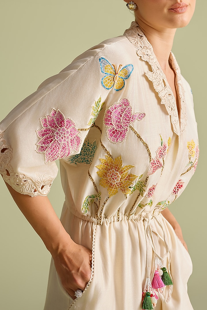 Ivory Chanderi Floral Mosaic & Cutwork Jumpsuit by Chandrima at Pernia's Pop Up Shop