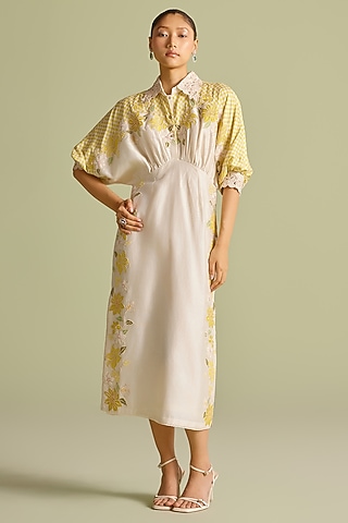 Ivory & Yellow Chanderi Thread Work Kimono Dress by Chandrima