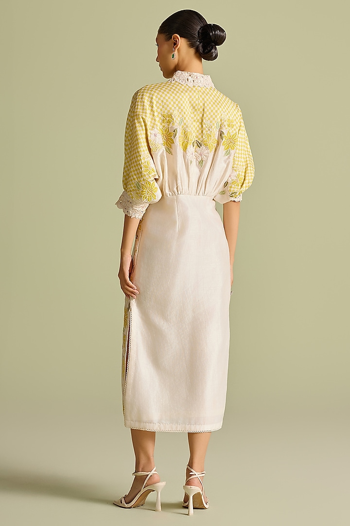 Ivory & Yellow Chanderi Thread Work Kimono Cocktail Dress by Chandrima at Pernia's Pop Up Shop