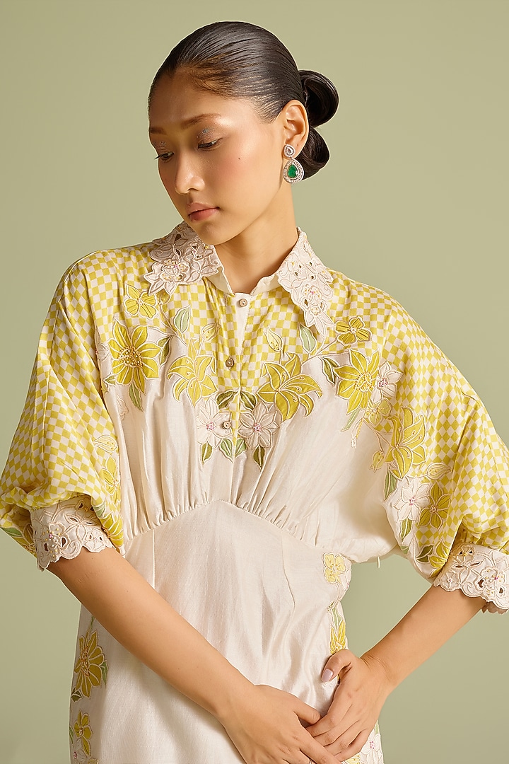 Ivory & Yellow Chanderi Thread Work Kimono Cocktail Dress by Chandrima at Pernia's Pop Up Shop