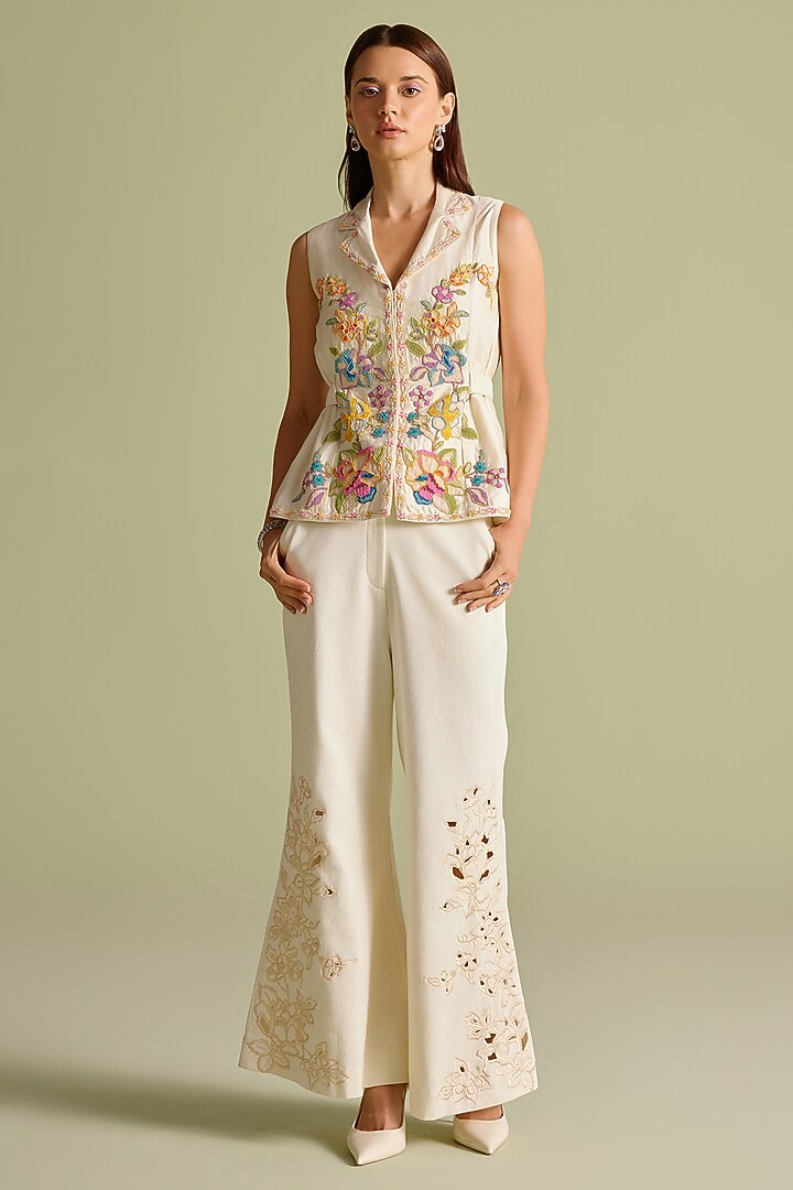 Ivory Chanderi Cord & Bead Work Waistcoat by Chandrima at Pernia's Pop Up Shop