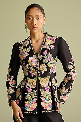 Black Chanderi Cord & Bead Work Peplum Jacket by Chandrima