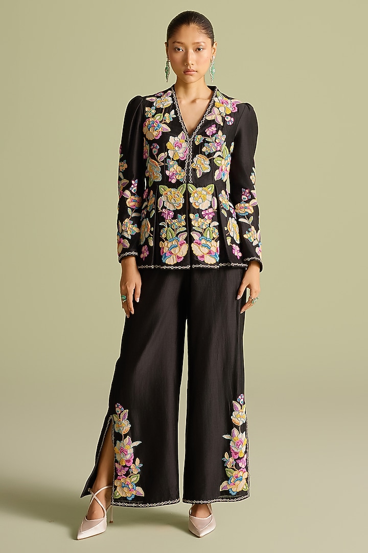 Black Chanderi Cord & Bead Work Peplum Jacket by Chandrima at Pernia's Pop Up Shop