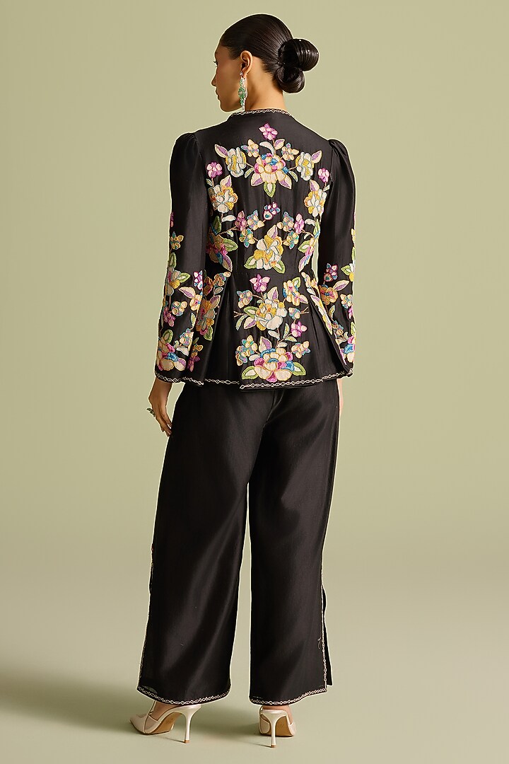 Black Chanderi Cord & Bead Work Flared Pants by Chandrima at Pernia's Pop Up Shop