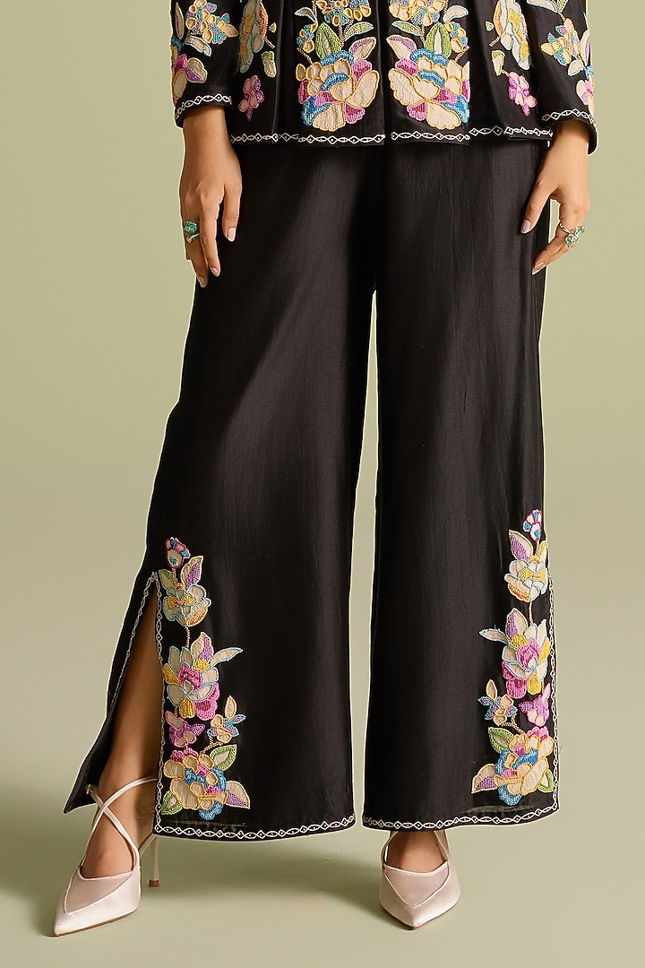 Black Chanderi Cord & Bead Work Flared Pants by Chandrima at Pernia's Pop Up Shop