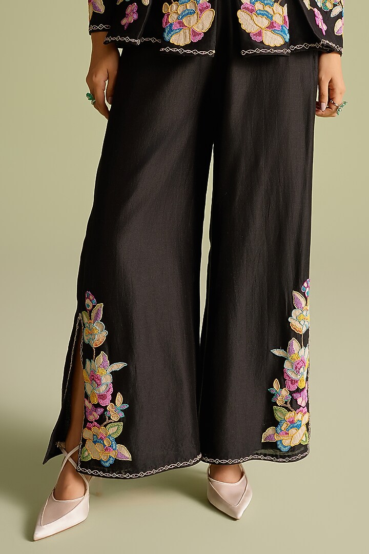 Black Chanderi Cord & Bead Work Flared Pants by Chandrima at Pernia's Pop Up Shop