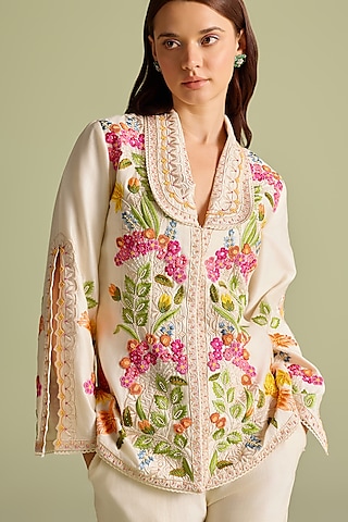 Ivory Chanderi Thread & Bead Work Flared Jacket by Chandrima