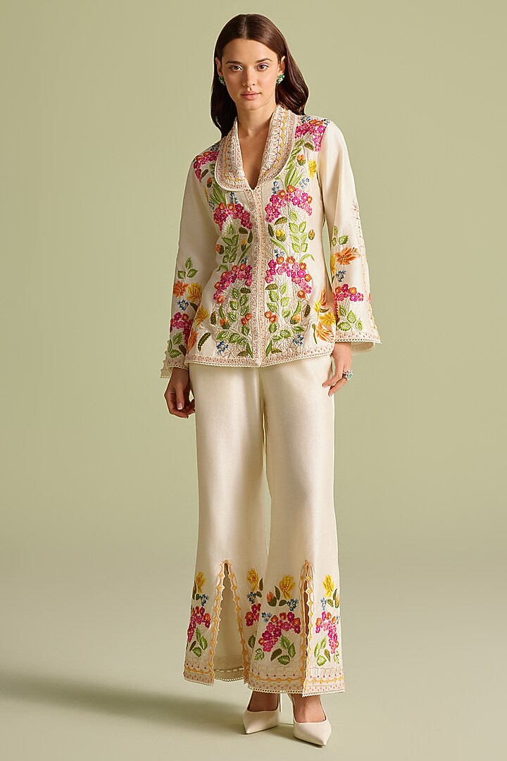 Ivory Chanderi Thread & Bead Work Flared Jacket by Chandrima at Pernia's Pop Up Shop