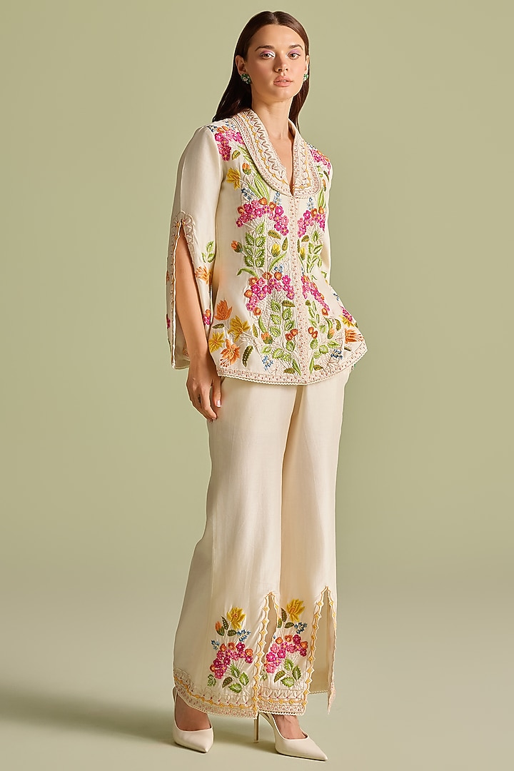 Ivory Chanderi Thread & Bead Work Flared Jacket by Chandrima at Pernia's Pop Up Shop