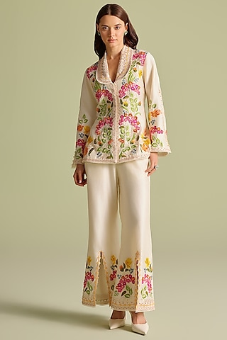 Ivory Chanderi Thread & Beadwork Bell Bottom Pants by Chandrima