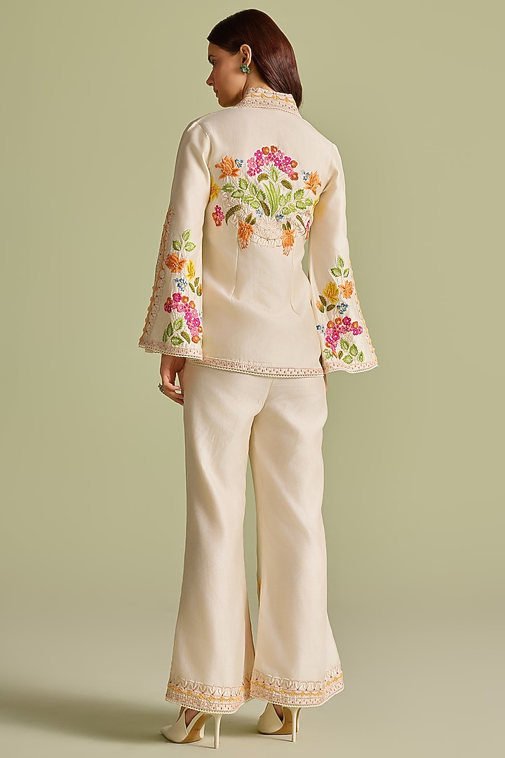 Ivory Chanderi Thread & Beadwork Bell Bottom Pants by Chandrima at Pernia's Pop Up Shop