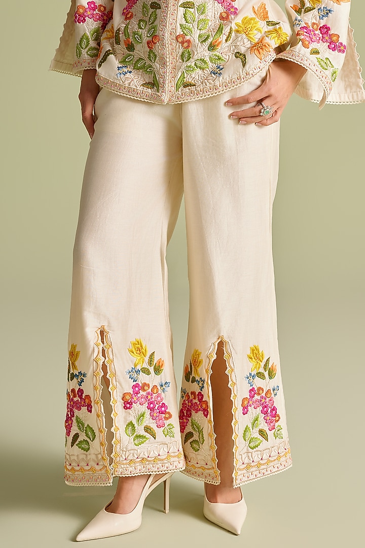Ivory Chanderi Thread & Beadwork Bell Bottom Pants by Chandrima at Pernia's Pop Up Shop