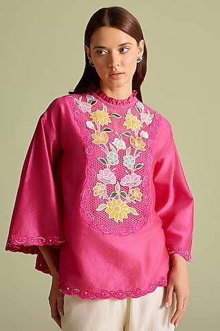 Pink Chanderi Applique & Threadwork Top by Chandrima
