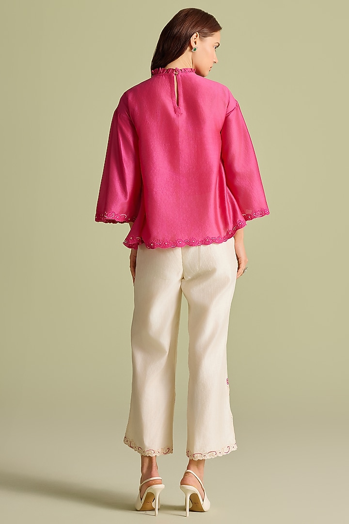 Pink Chanderi Applique & Threadwork Top by Chandrima at Pernia's Pop Up Shop