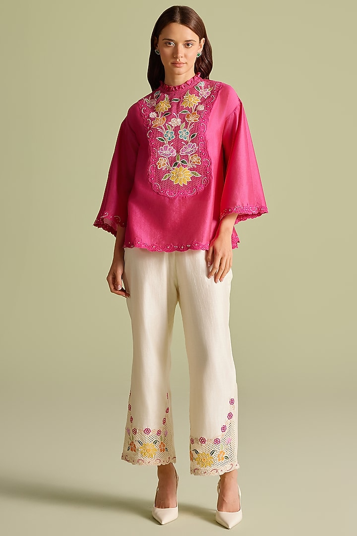 Pink Chanderi Applique & Threadwork Top by Chandrima at Pernia's Pop Up Shop