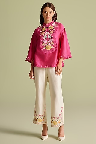 Ivory Chanderi Applique & Thread Work Pants by Chandrima
