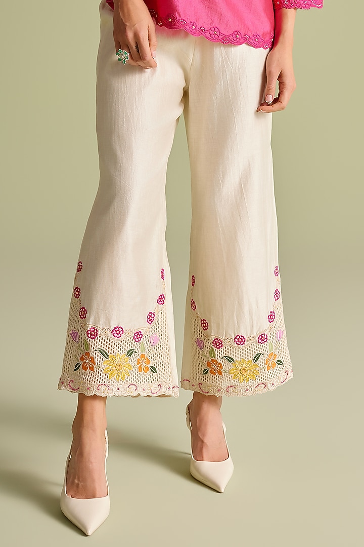 Ivory Chanderi Applique & Thread Work Pants by Chandrima at Pernia's Pop Up Shop