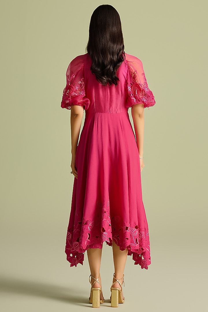 Fuchsia Chanderi 3D Rose Applique & Cutwork Flounce Cocktail Dress by Chandrima at Pernia's Pop Up Shop