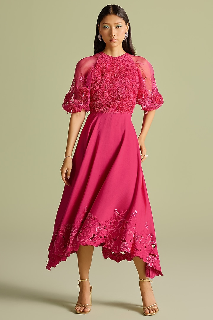 Fuchsia Chanderi 3D Rose Applique & Cutwork Flounce Cocktail Dress by Chandrima at Pernia's Pop Up Shop